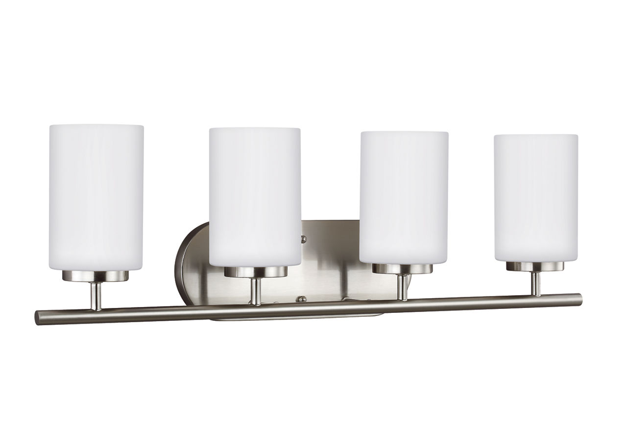 Oslo 4-Light Bath Sconce in Brushed Nickel with Opal Etched Glass Bulbs Not Included