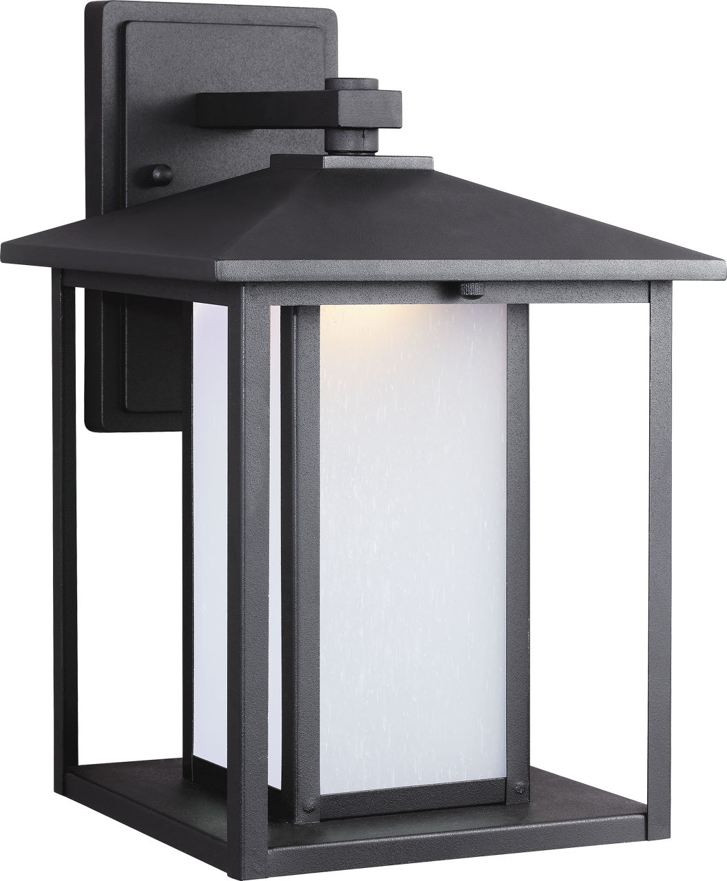 Hunnington 14" Lantern in Textured Black with Etched Seeded Glass Panels Dedicated LED