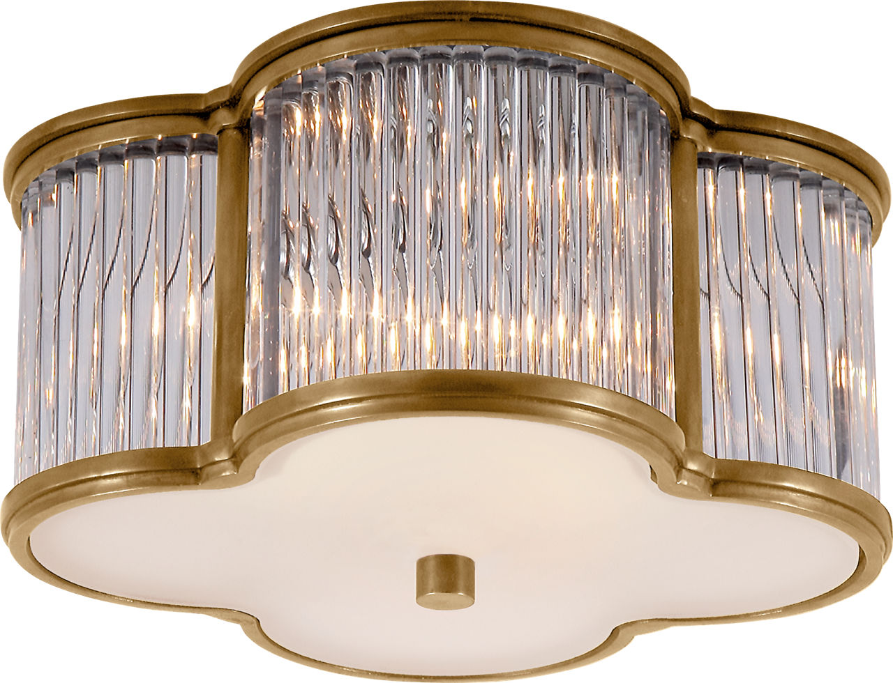 Basil Small Flush Mount in Natural Brass and Clear Glass Rods with Frosted Glass
