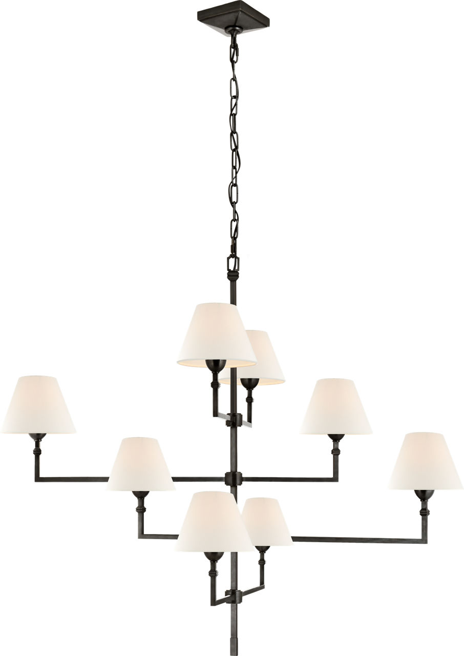 Jane Large Offset Chandelier in Gun Metal with Linen Shades