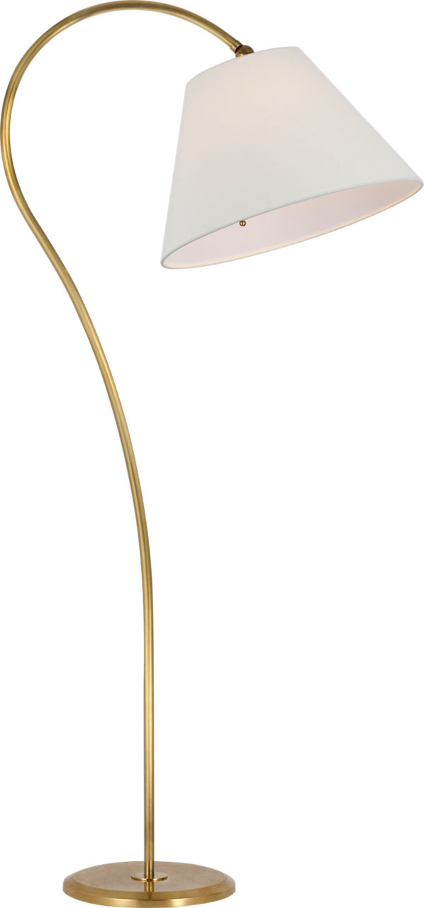 Dume Large Arched Floor Lamp in Hand-Rubbed Antique Brass with Linen Shade