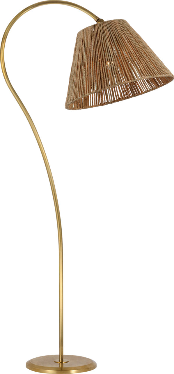 Dume Large Arched Floor Lamp in Hand-Rubbed Antique Brass with Natural Abaca Shade