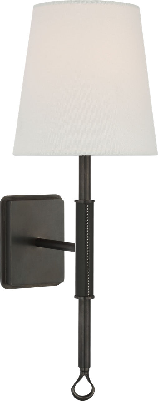 Griffin Sconce in Bronze and Chocolate Leather with Linen Shade