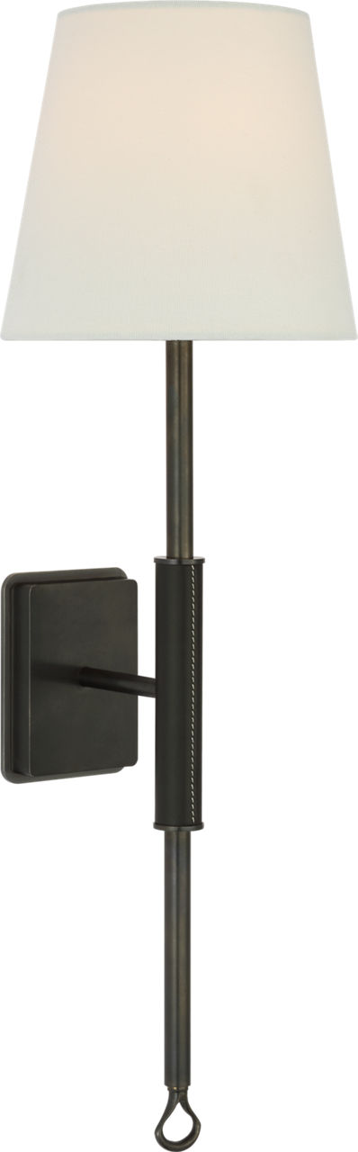 Griffin Tail Sconce in Bronze and Chocolate Leather with Linen Shade
