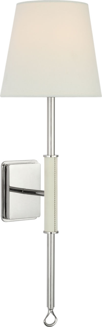 Griffin Tail Sconce in Polished Nickel and Parchment Leather with Linen Shade