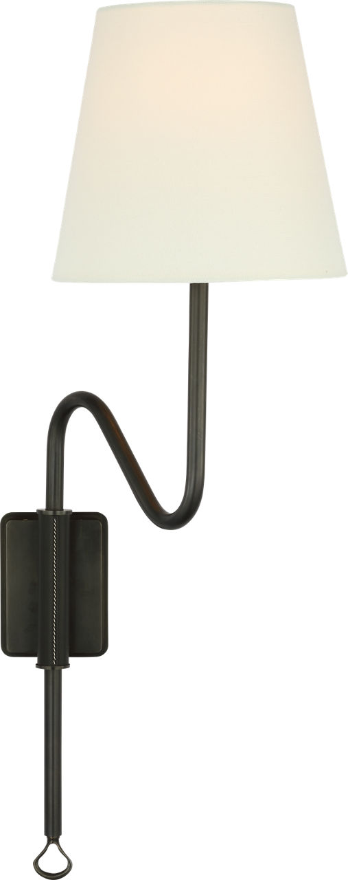 Griffin Articulating Sconce in Bronze and Chocolate Leather with Linen Shade