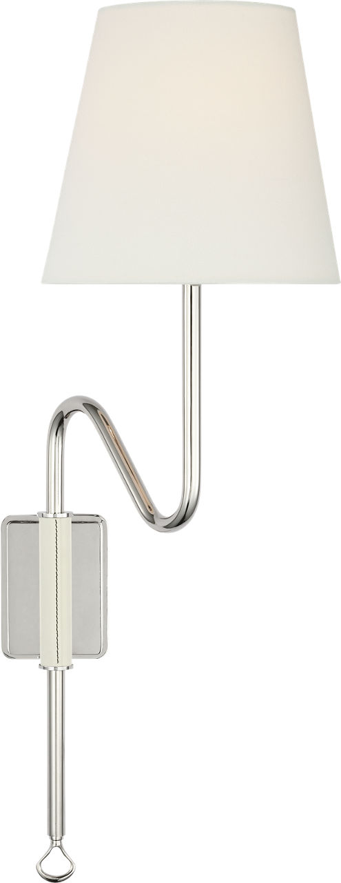 Griffin Articulating Sconce in Polished Nickel and Parchment Leather with Linen Shade