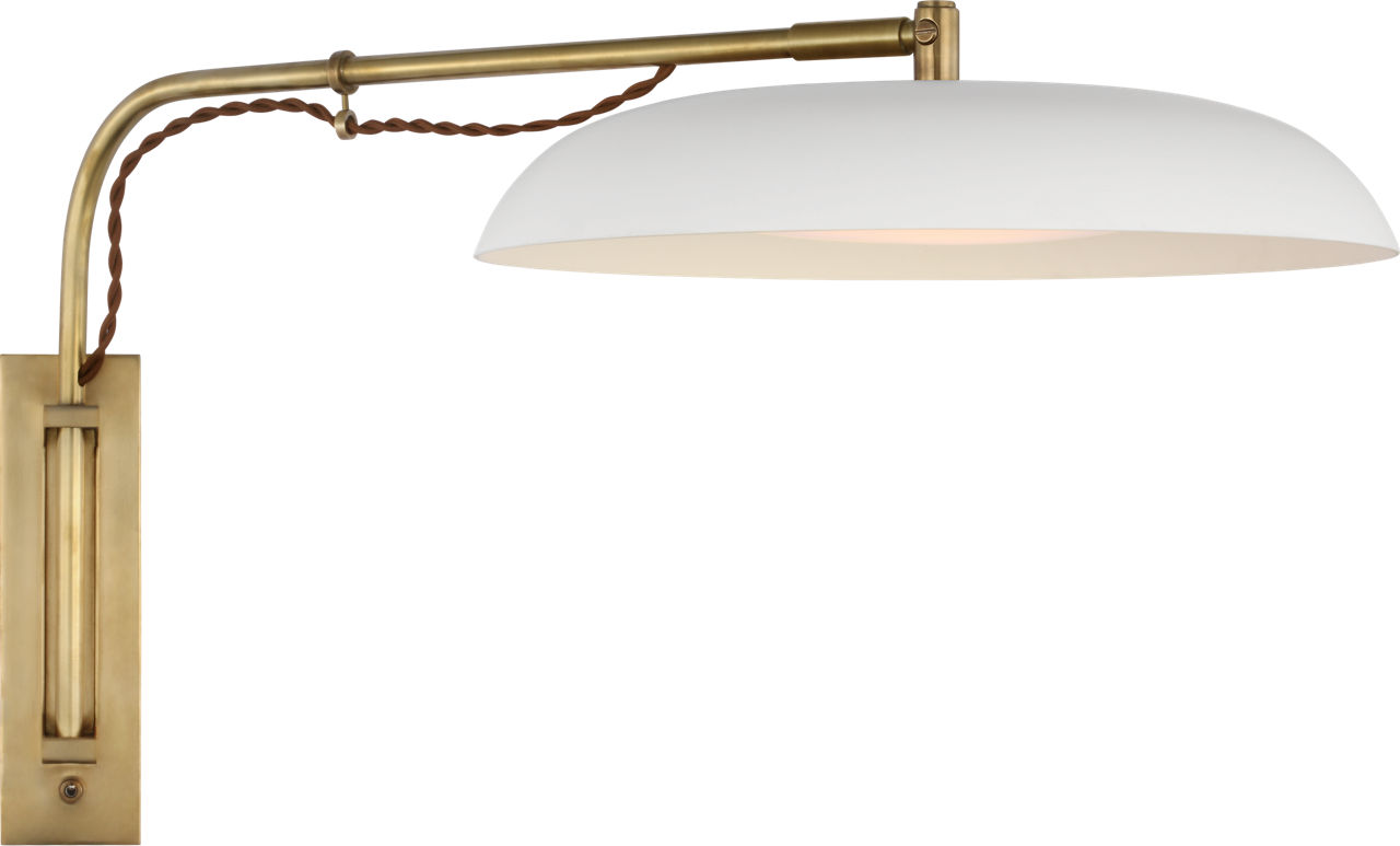 Cyrus Medium Articulating Wall Light in Hand-Rubbed Antique Brass and White with White Glass