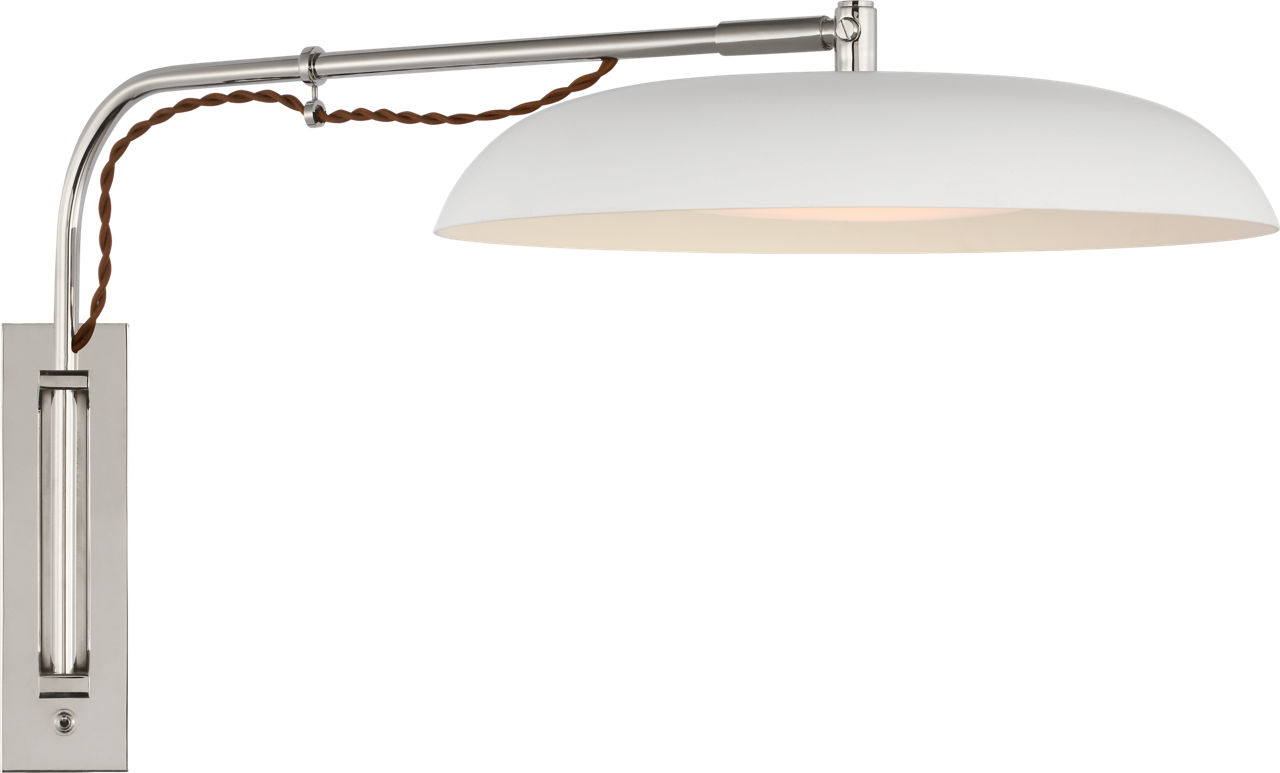 Cyrus Medium Articulating Wall Light in Polished Nickel and White with White Glass