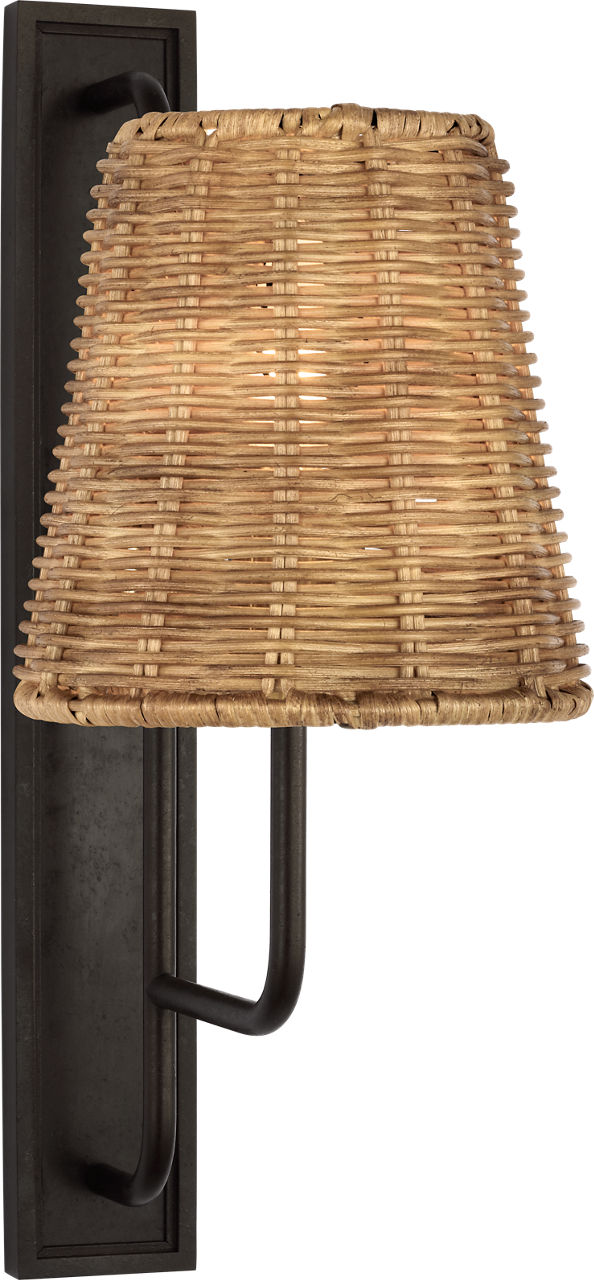 Rui Tall Sconce in Aged Iron with Natural Wicker Shade