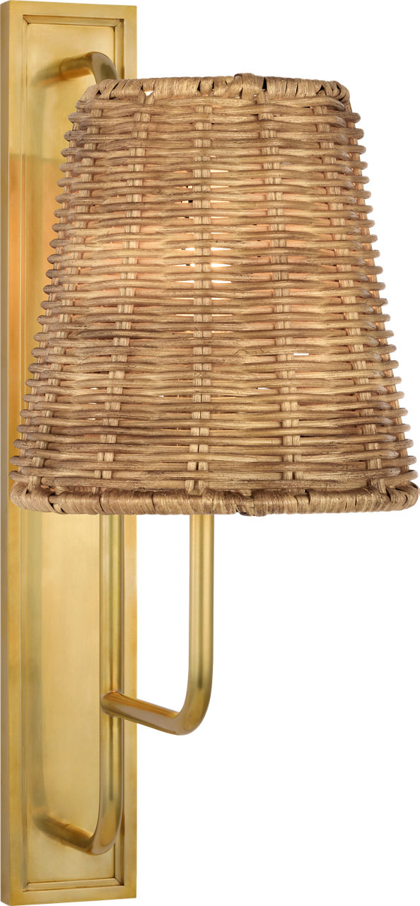 Rui Tall Sconce in Hand-Rubbed Antique Brass with Natural Wicker Shade