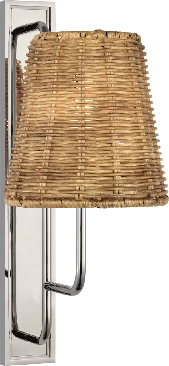 Rui Tall Sconce in Polished Nickel with Natural Wicker Shade