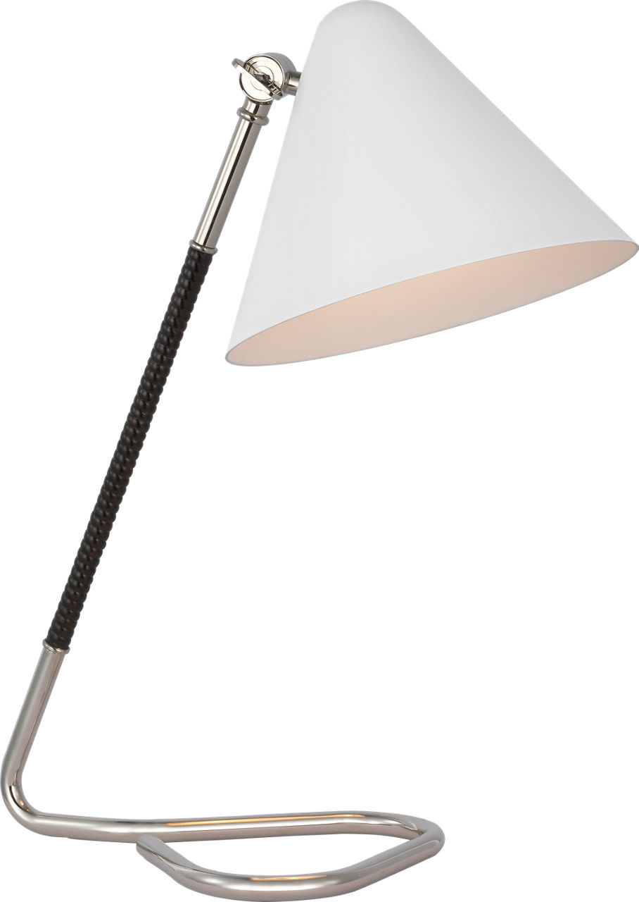 Laken Small Desk Lamp in Polished Nickel and Black Rattan with White Shade