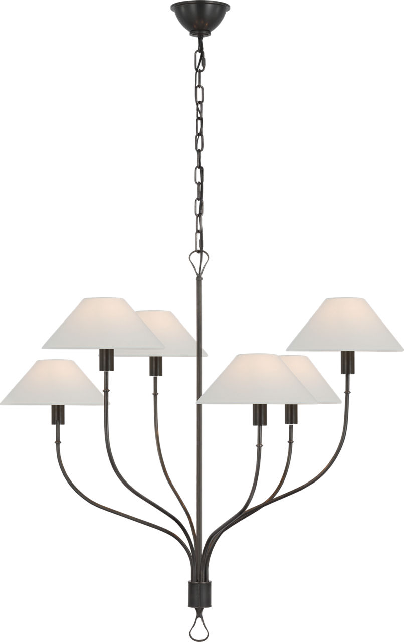Griffin Large Staggered Tail Chandelier in Bronze and Chocolate Leather with Linen Shades
