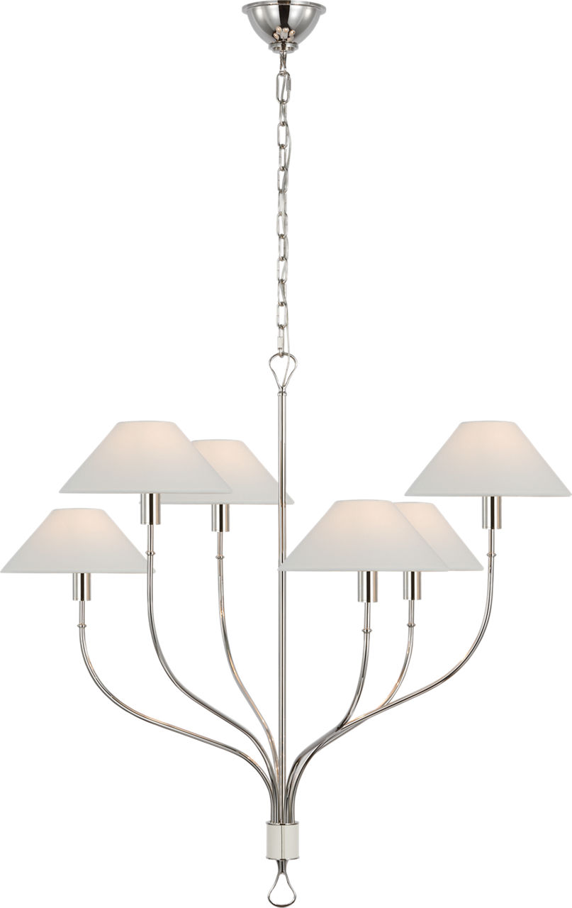Griffin Large Staggered Tail Chandelier in Polished Nickel and Parchment Leather with Linen Shades