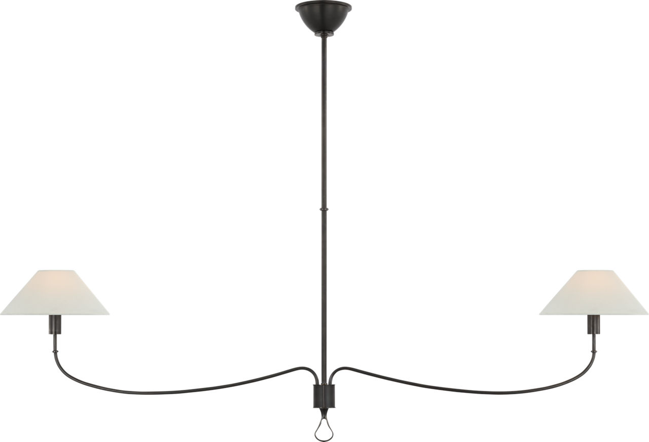 Griffin Grande Linear Chandelier in Bronze and Chocolate Leather with Linen Shades