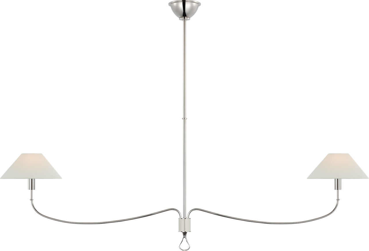 Griffin Grande Linear Chandelier in Polished Nickel and Parchment Leather with Linen Shades