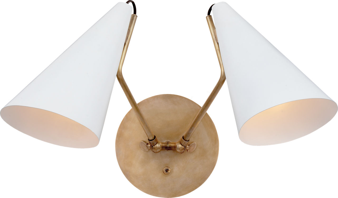 Clemente Double Sconce in Hand-Rubbed Antique Brass with Matte White Shades