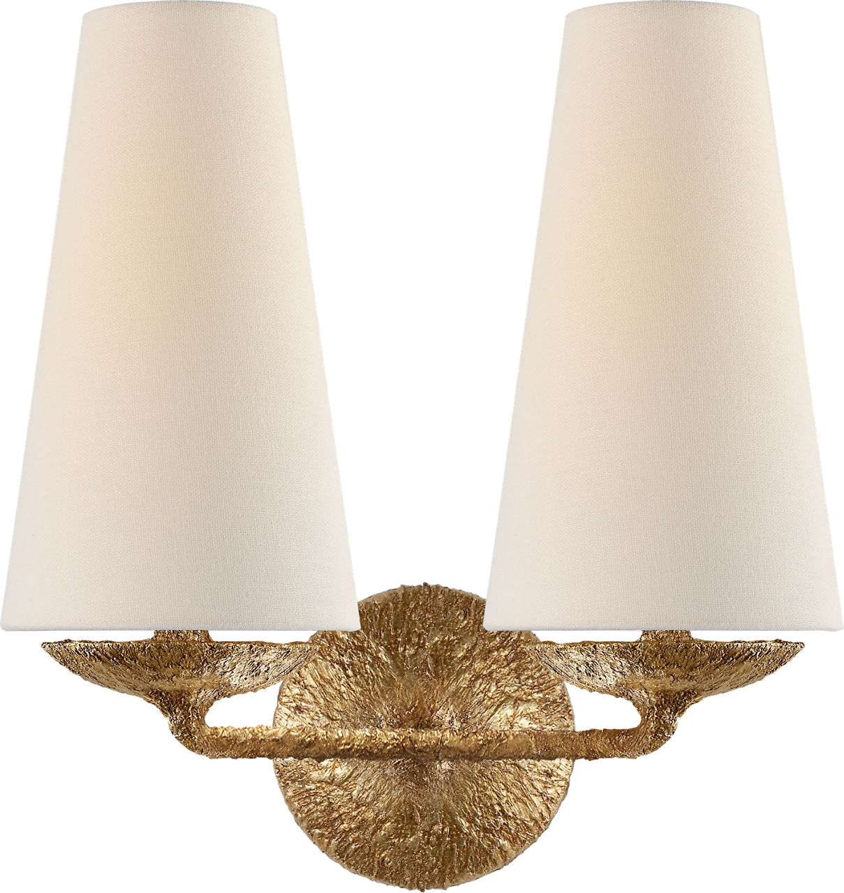 Fontaine Double Sconce in Gilded Plaster with Linen Shades