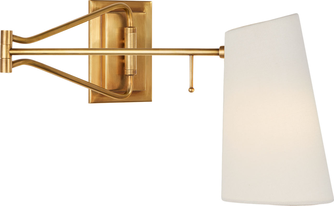 Keil Swing Arm Wall Light in Hand-Rubbed Antique Brass with Linen Shade