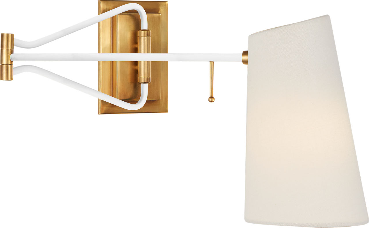 Keil Swing Arm Wall Light in Hand-Rubbed Antique Brass and White with Linen Shade