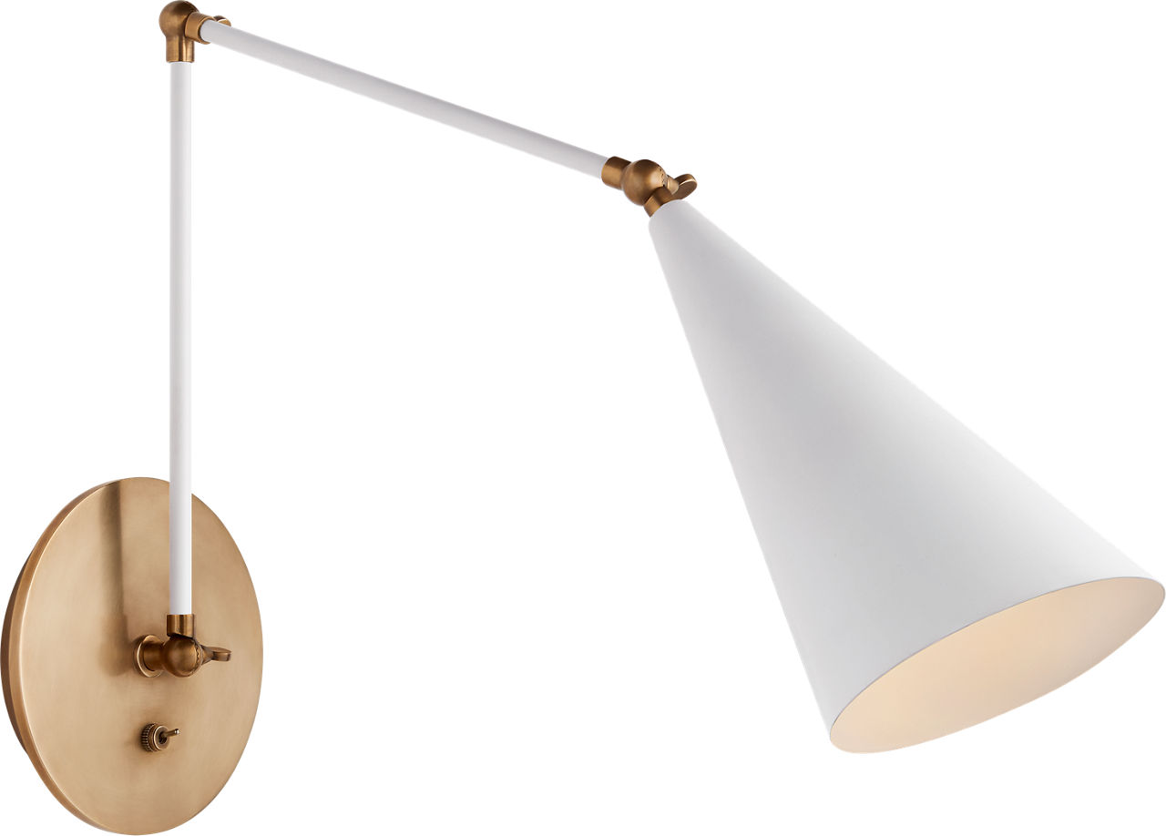 Clemente Double Arm Library Sconce in White and Hand-Rubbed Antique Brass