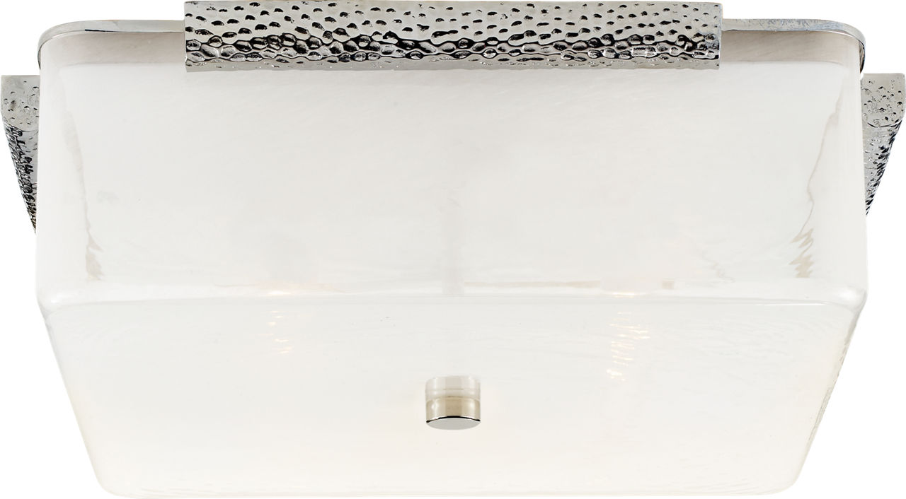 Mezan Large Flush Mount in Polished Nickel with White Strie Glass