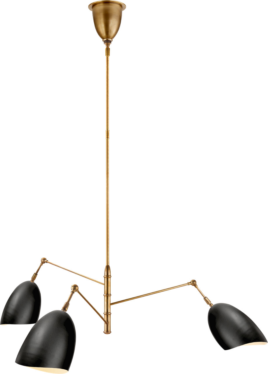 Sommerard Medium Triple-Arm Chandelier in Hand-Rubbed Antique Brass with Black Shades
