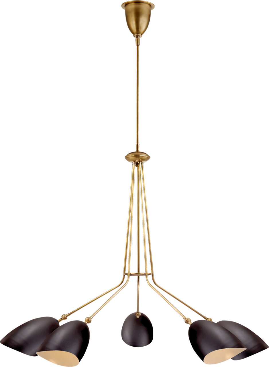 Sommerard Medium Five Light Chandelier in Hand-Rubbed Antique Brass with Black Shades