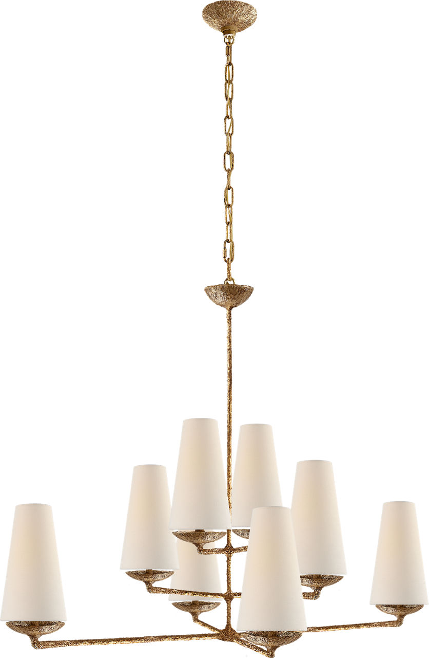 Fontaine Large Offset Chandelier in Gilded Plaster with Linen Shades