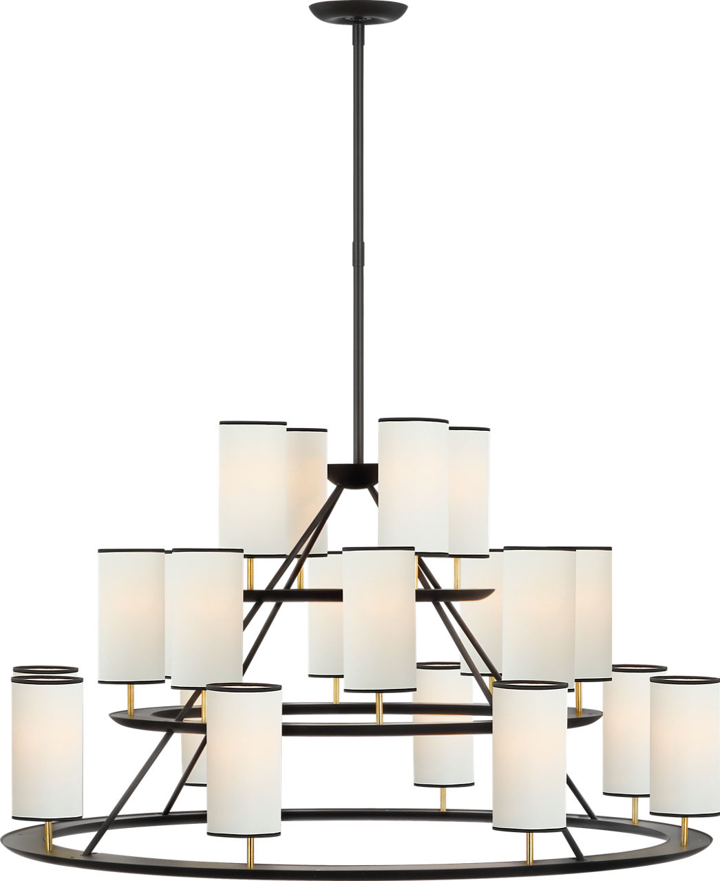 Trevi XL 3-Tier Chandelier in Matte Black and Gild with Linen Shades with Black Tape