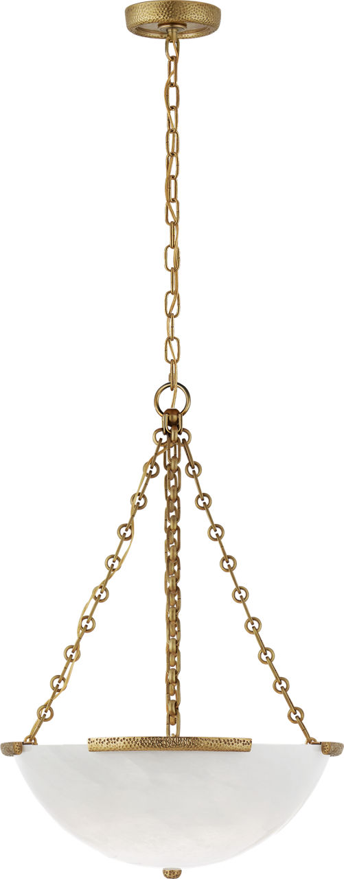 Mezan Medium Chandelier in Hand-Rubbed Antique Brass with White Strie Glass
