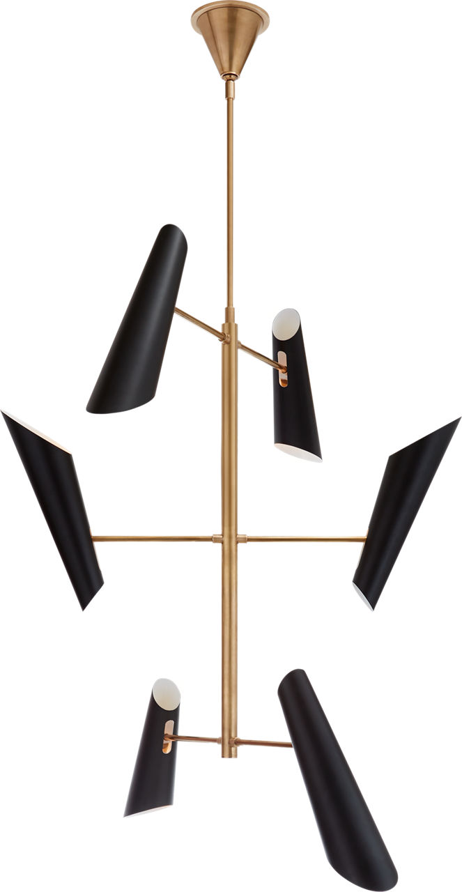 Franca Tall Pivoting Chandelier in Hand-Rubbed Antique Brass with Black Shades