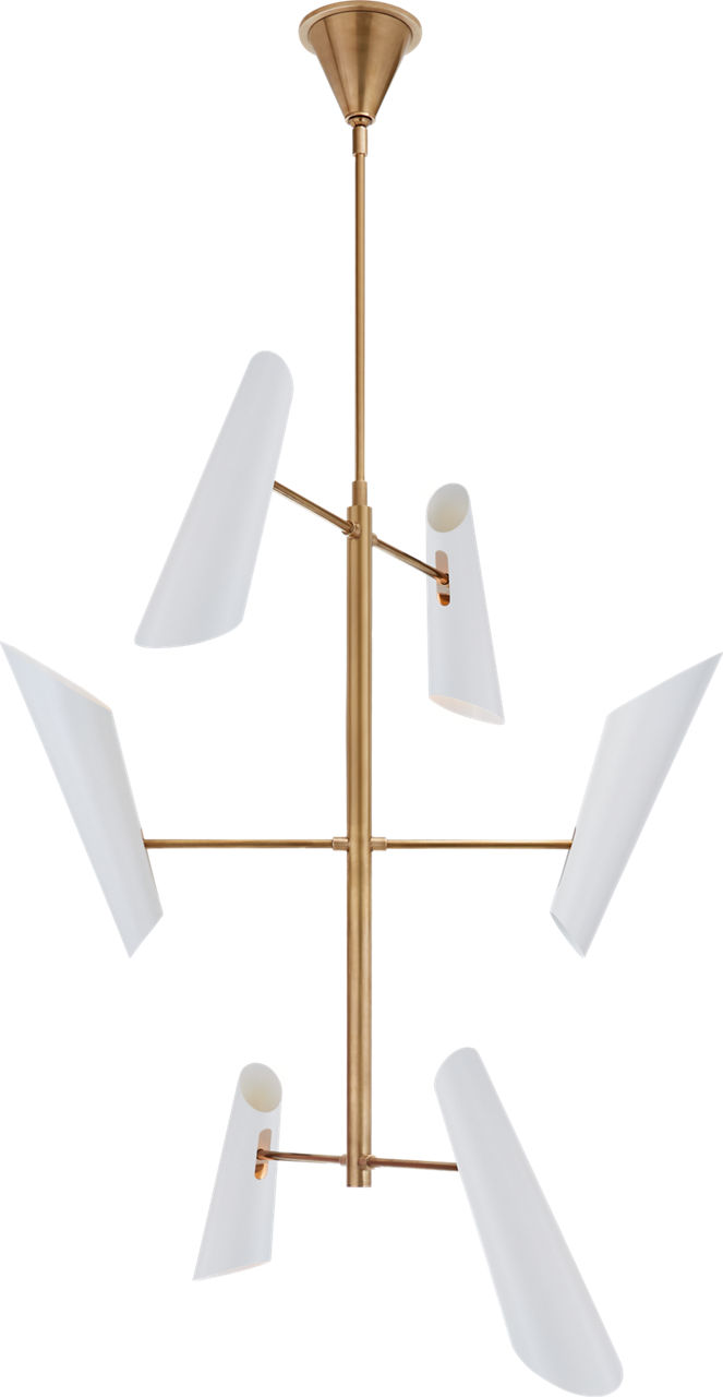 Franca Tall Pivoting Chandelier in Hand-Rubbed Antique Brass with White Shades