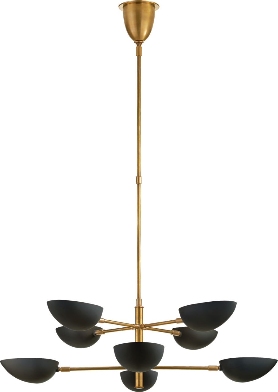 Graphic Large Two-Tier Chandelier in Hand-Rubbed Antique Brass with Black Shades