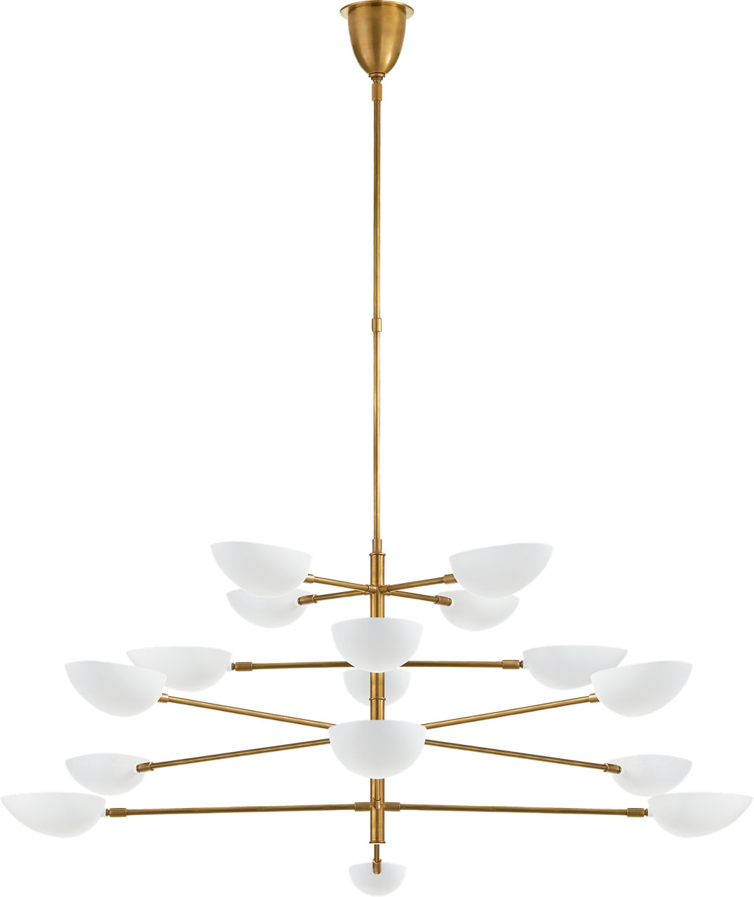 Graphic Grande Four-Tier Chandelier in Hand-Rubbed Antique Brass with White Shades