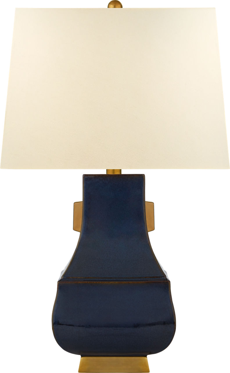 Kang Jug Large Table Lamp in Mixed Blue Brown and Burnt Gold Accent with Natural Percale Shade