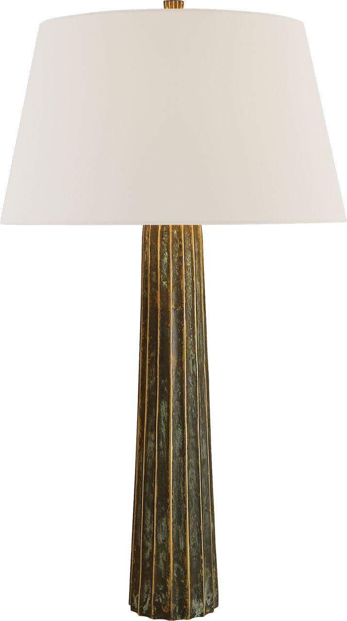 Fluted Spire Large Table Lamp in Bronze with Verdigris Highlights with Linen Shade