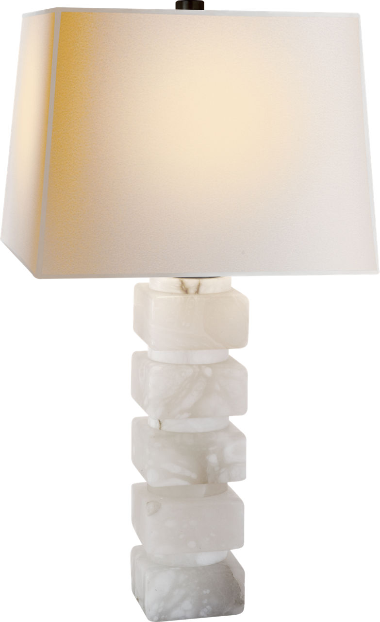 Square Chunky Stacked Table Lamp in Alabaster with Natural Paper Shade