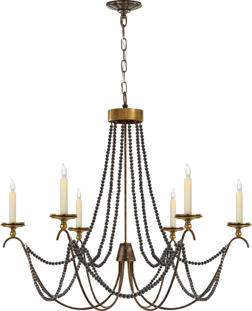 Marigot Medium Chandelier in Rust and Antique-Burnished Brass with Tudor Brown Beaded Trim