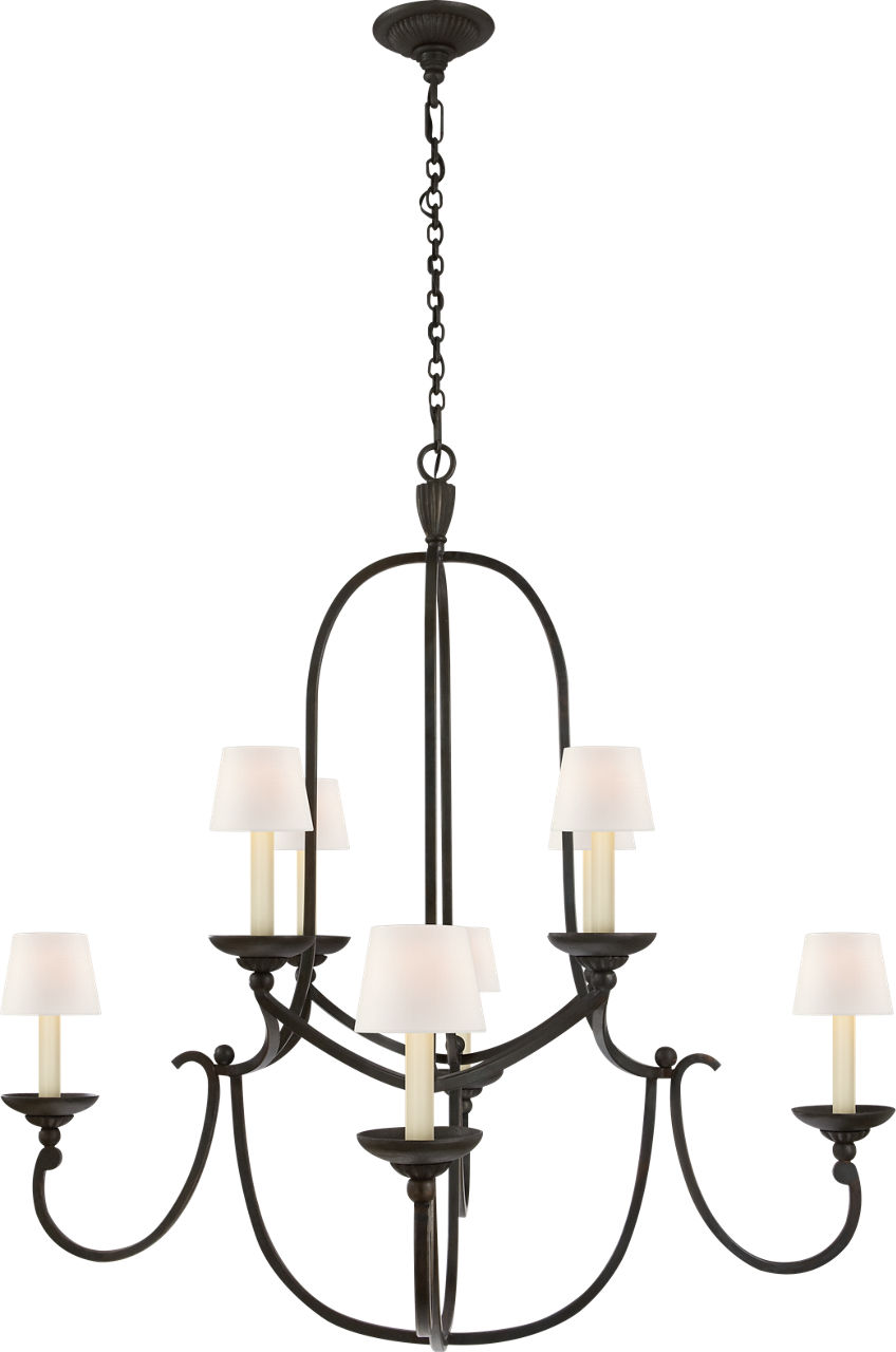 Flemish Medium Round Chandelier in Aged Iron with Linen Shades