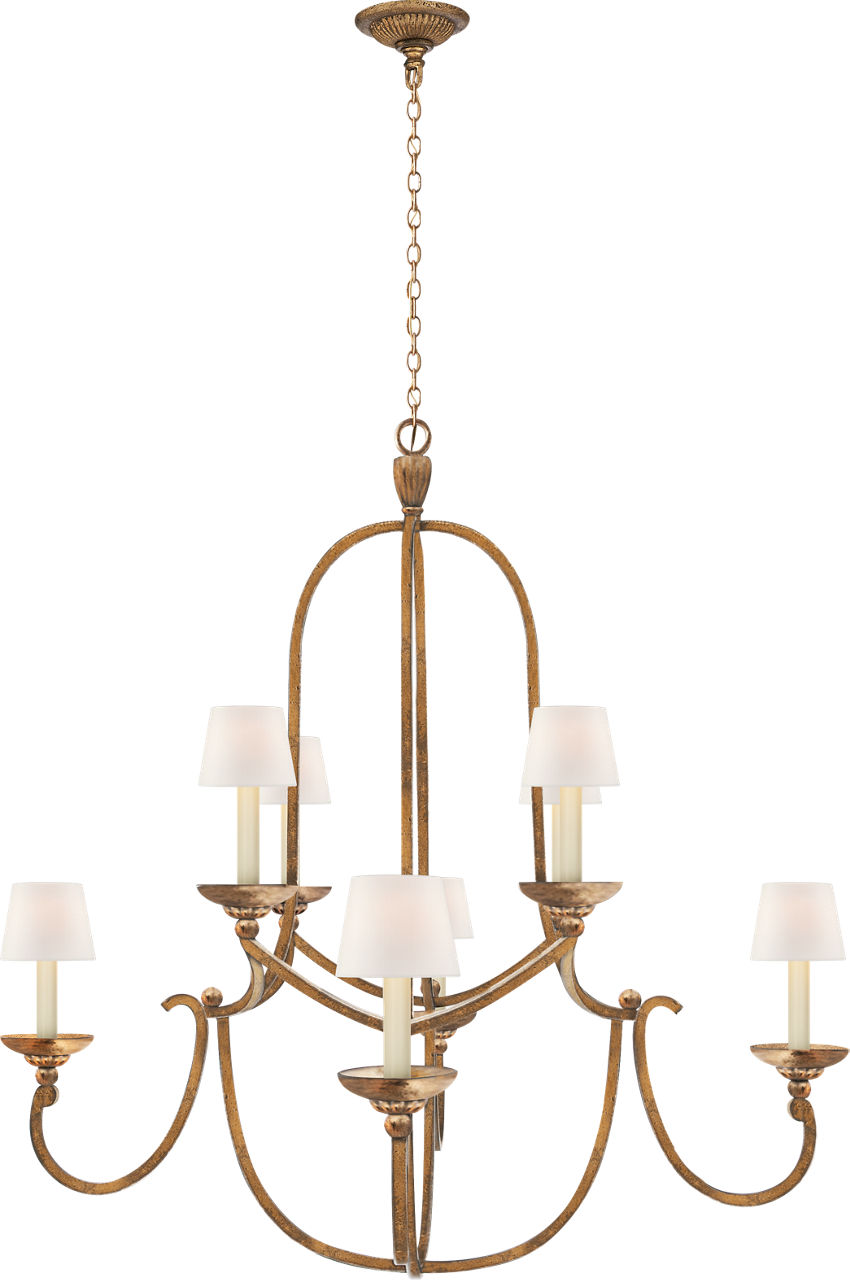 Flemish Medium Round Chandelier in Gilded Iron with Linen Shades