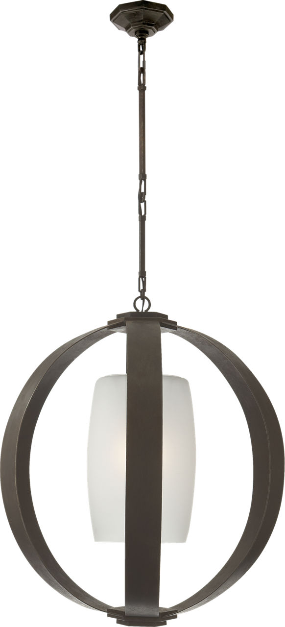 Metal Banded Large Lantern in Aged Iron with Frosted Glass