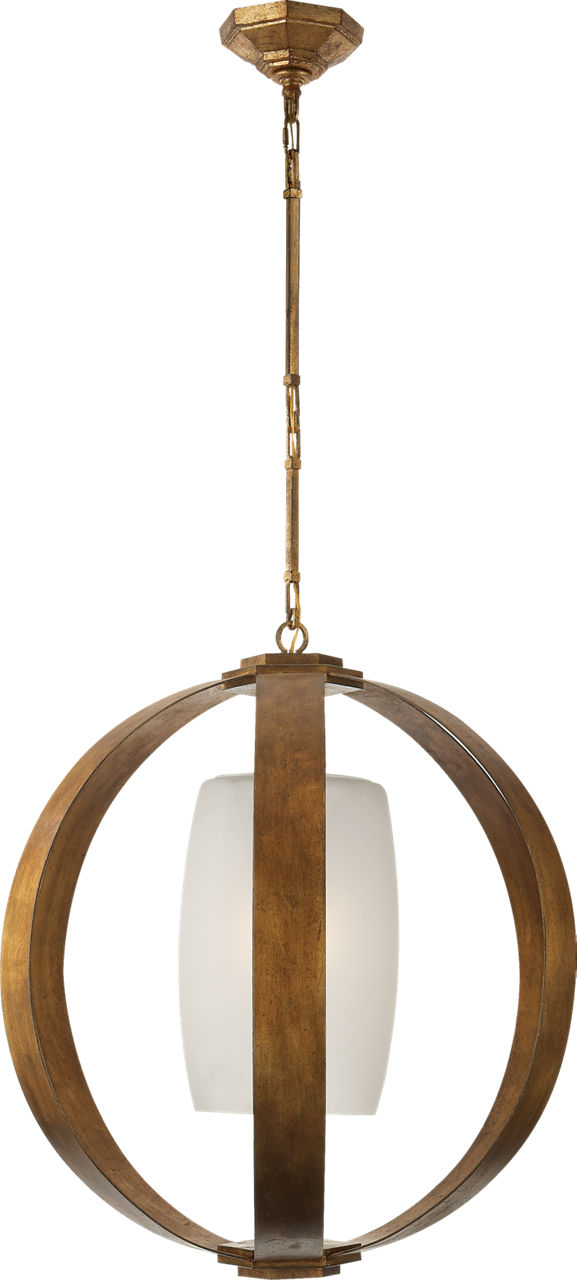 Metal Banded Large Lantern in Gilded Iron with Frosted Glass