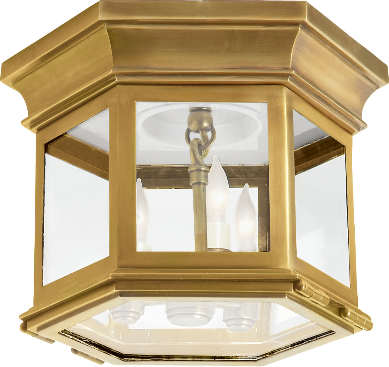 Club Small Hexagonal Flush Mount in Antique-Burnished Brass with Clear Glass