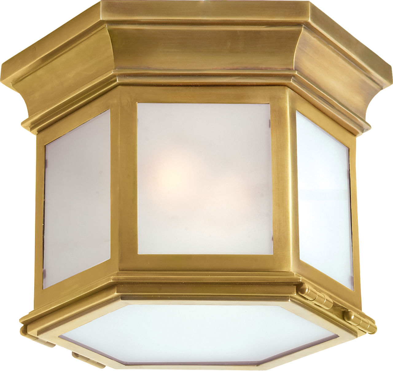 Club Small Hexagonal Flush Mount in Antique-Burnished Brass with Frosted Glass