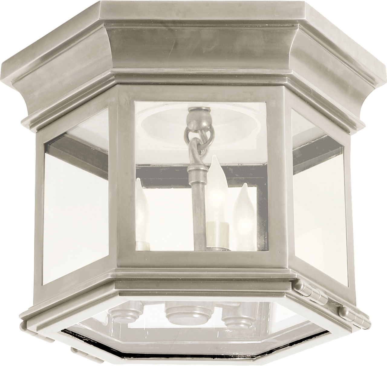 Club Small Hexagonal Flush Mount in Antique Nickel with Clear Glass