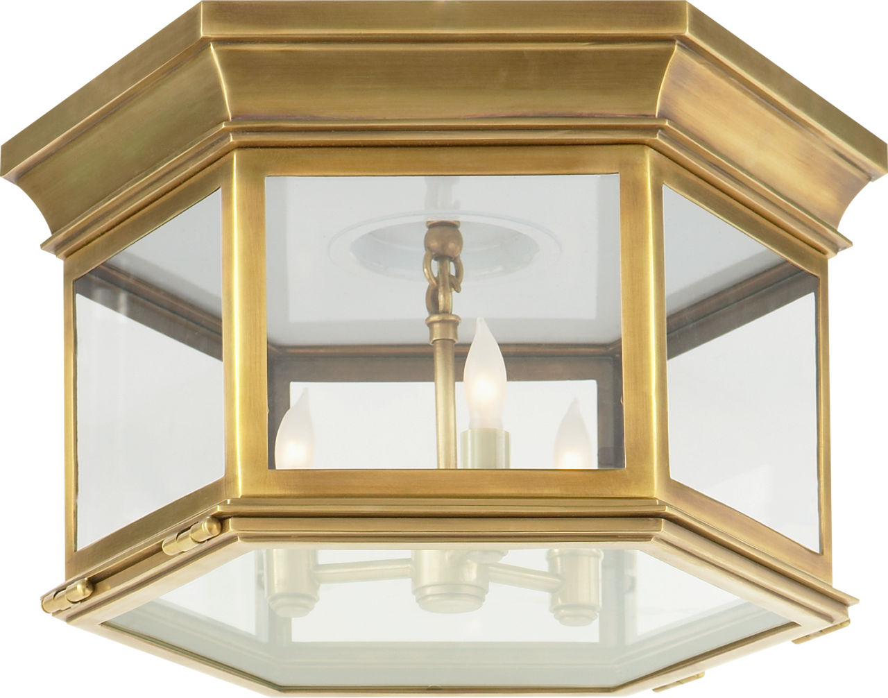 Club Large Hexagonal Flush Mount in Antique-Burnished Brass with Clear Glass