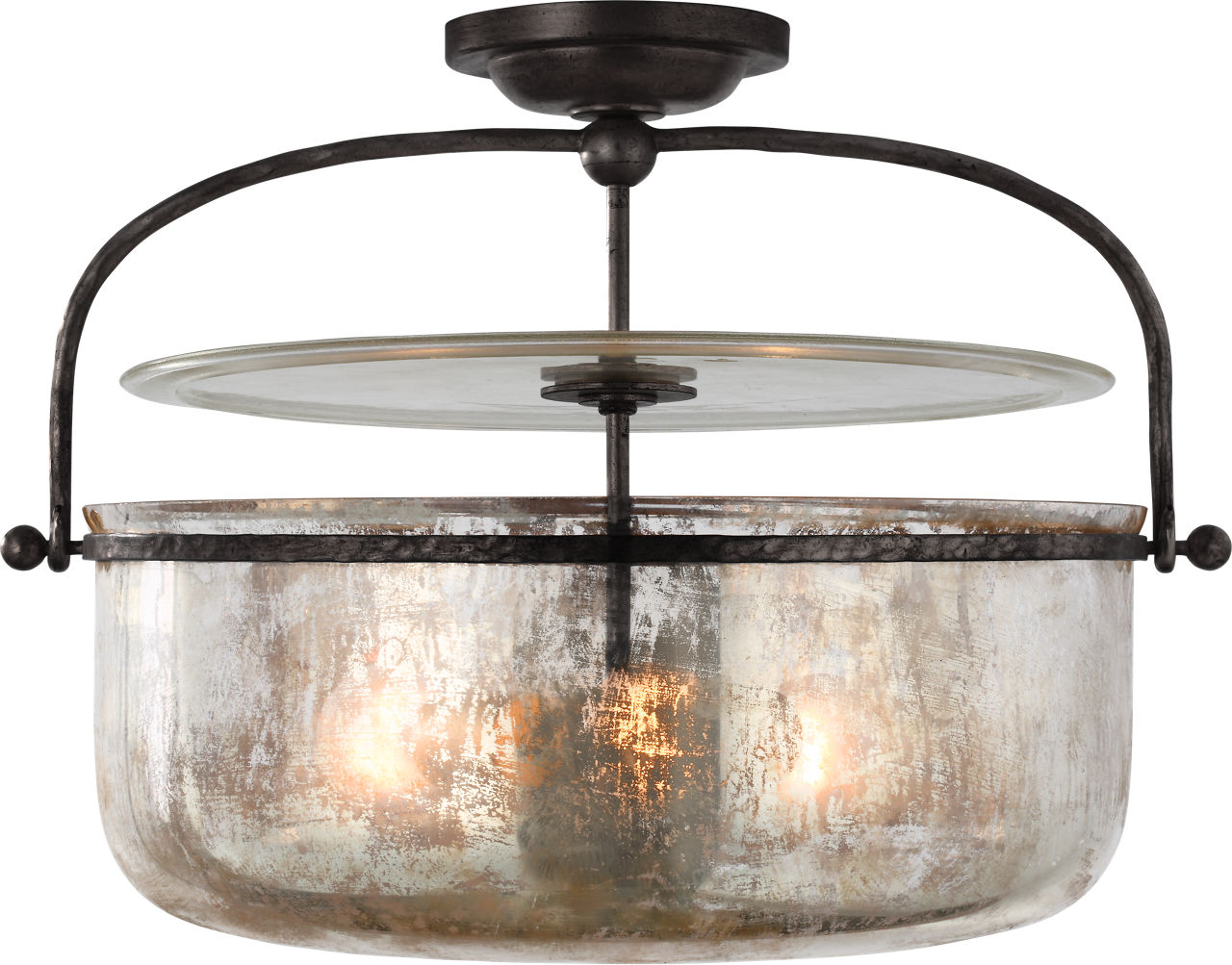 Lorford Medium Semi-Flush Lantern in Aged Iron with Mercury Glass