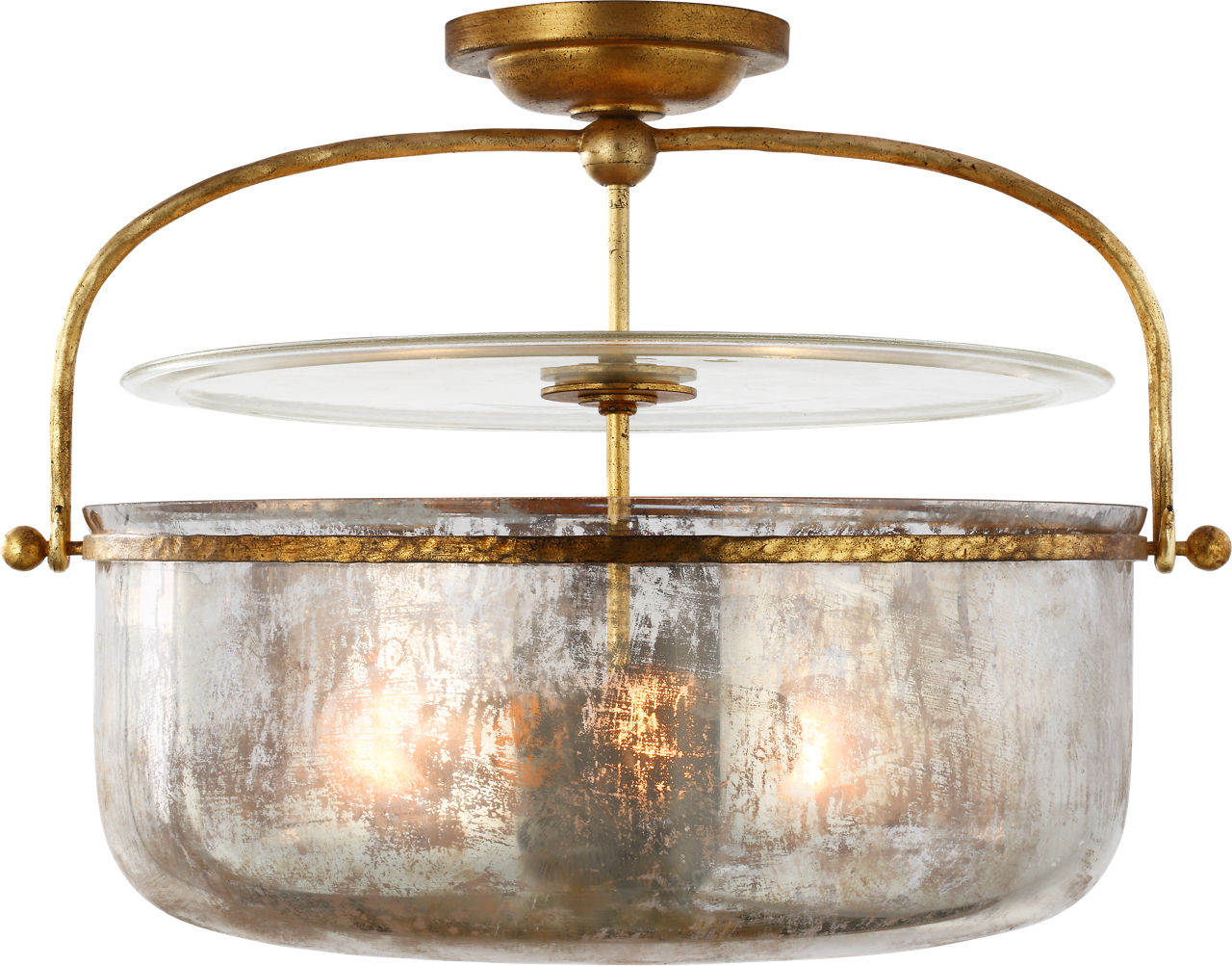 Lorford Medium Semi-Flush Lantern in Gilded Iron with Mercury Glass